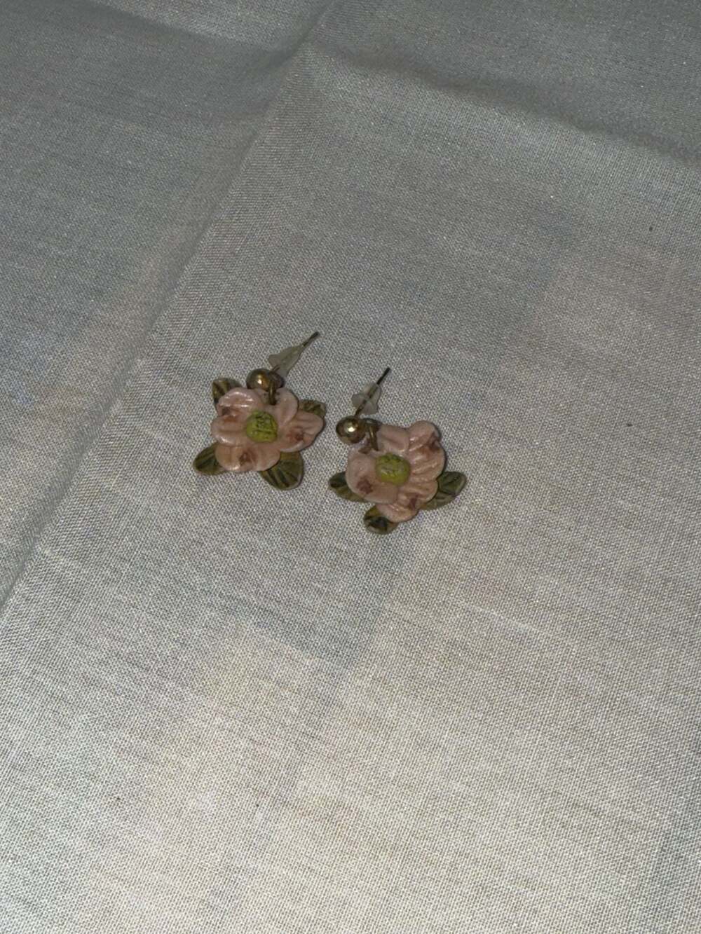 Vintage Hand Painted  Dogwood Flower Post Earrings Pink and Green